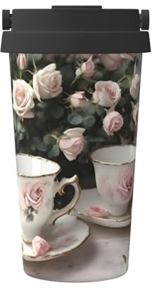 Tazze da tè con rose romantica stampa shabby tazza da caffè 17 once, tazza da caffè a prova di perdite, con coperchio, thermos, da regalare o per uso quotidiano