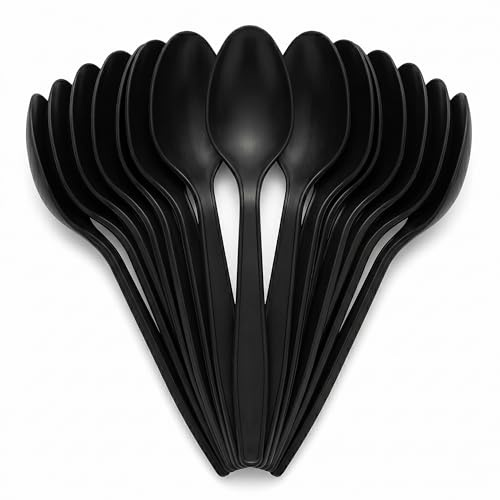 Venuscello® 100 x Tithe Black Plastic Spoons Heavy Duty Reusable Strong Grip Lightweight Cutlery for Party BBQ Salad Fruits Snacks Picnic Catering Weddings & Events