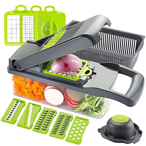 Gemüseschneider, Würfelschneider, Würfelmaschine – Küchenmaschine klein, Gemüseschneider, Reibe, Kartoffel-Zwiebel-Knoblauch-Zerkleinerer mit Behälter, tragbarer Saiten-Gemüseschneider, Käseschneider
