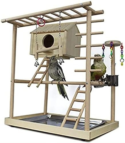Vogelspielplatz mit Nistkasten, Nymphensittich, Leiter mit Futterspender, Spielzeug-Sportspiel, Spielregal, Vogelspielplatz (mit Tablett, Futternapf) – Doppelregal + großes Nest, Doppelregal