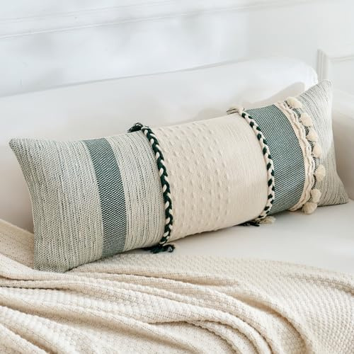 Labilin Long Lumbar Pillow Cover 14x36, Boho Long Decorative Pillows with Tassels Pillowcase, Modern Abstract Woven Body Pillow Cover for Sofa Bedroom Living Room Home Decor, Dark Green + Off-White