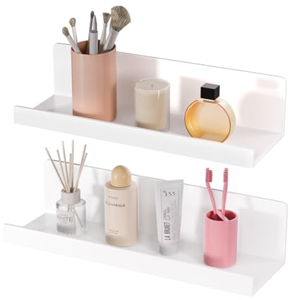 Giznzg 2 Stück Wandregal Ohne Bohren,34CM Acryl-Schweberegalfür Bilderrahmen und Dekorationen,Duschablage Bücherregal für Wohnzimmer,Schlafzimmer,Kinderzimmer,Esszimmer,Küche,Büro und Badezimmer(Weiß)
