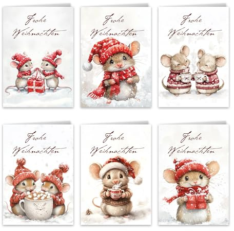 12er Set Weihnachts-Klappkarten mit selbstklebenden Umschlägen Niedliche Weihnachts-Mäuse – 6 bezaubernde Designs Hochwertige A6 Karten (Weihnachtsmäuse)