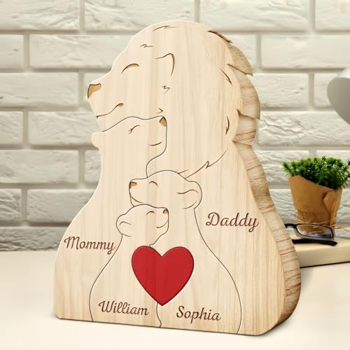 Drawelry Personalisiert Tier Kunstpuzzle Familien Namen Ornament, Holz Löwe Bär Wolf Figur Skulptur Puzzle Tischdekoration, Muttertag Vatertag Geburtstag Geschenk für Papa Mama Opa Oma (Löwe-B)