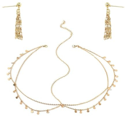 Générique Bandeau doré + 1 paire de boucles d'oreilles à franges dorées - chaîne de tête - style Bohème - scintillant - pour femme et fille