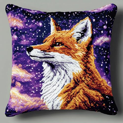 ASONGLINGO Kit Point Noué Coussin, Crochet de Verrouillage Kits de Coussins avec Crochet, Tapis Point Noué à Faire, Coussin au Point Noué 43x43cm(Ciel étoilé et animaux)