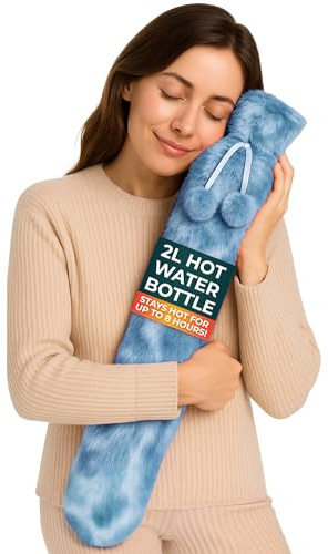 Long Hot Water Bottle 2L - Plush Hot Water Bottle with Blue Cover for Period Pain Relief & Back Pain - Luxury & Washable Hot Water Bag 72cm