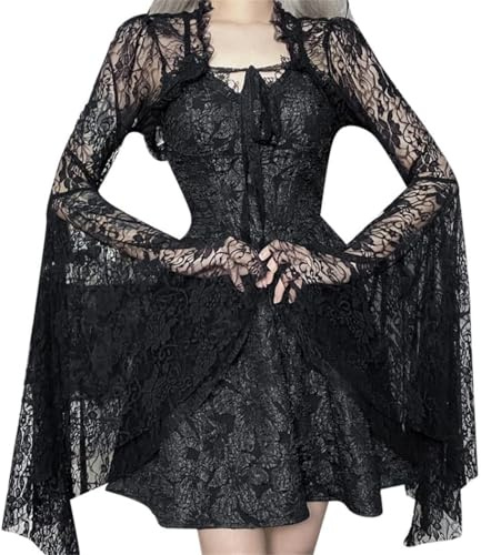 LLECDASEUI Bolero Shrug Top Trad Goth Black Shawls and Wraps for Gothic Rave Festival Evening Dresses Short Cardigan (Black,S)