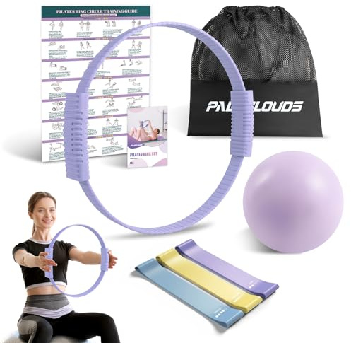 Paleclouds Pilates Ring Set, Pilates Essential Kit mit Magic Circle, 3 Pilates bänder, Miniball, Trainingsposter & Tragbarer Tasche, Pilates Ring Übungen für Core-Training für Frauen