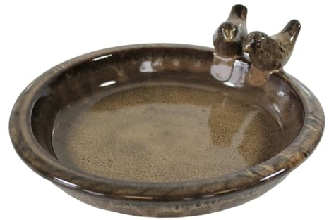 Fachhandel Plus | Vogeltränke Oasis aus glasierter Keramik, Ø 30 cm | mit Deko-Vögeln, Winterfest, Farbenfrohe Gartendeko & Wasserstelle für Vögel (Rustik-Coffee)