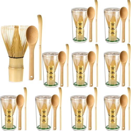 LemonRoad 10 Set Matcha Whisk Bulk (Chasen) with Traditional Scoop (Chashaku) and Tea Spoon, 100 Prong Bamboo Whisk for Matcha Powder Handcrafted Stirrer Mixer Brush Gift