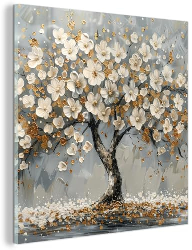 MuchoWow© Glasbilder Deko Schlafzimmer Aesthetic Wohnzimmer Glas Gemälde | 50x50 cm - Foto Geschenk Living Room Decoration Baum - Gold - Blumen - Abstrakt - Kunst