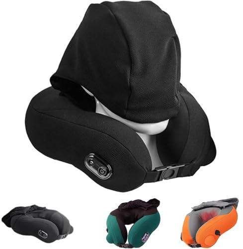 Almohada de Masaje con Capucha Travelzen, Almohada Cervical Travel Zen, Masaje 3D Doble Núcleo y Calor Terapéutico, Cobertura de Cuello 360°, Capucha Anti-luz, Inflado con Presión (Black)