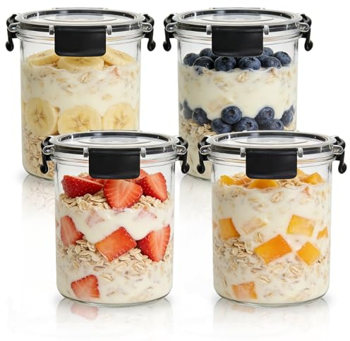 MEETOZ Overnight Oats Containers with Lids, 4 Pack 800 ml Overnight Oats Jars, Reusable Plastic Mason Jars, for Milk, Fruit, Cereal and Salad Storage