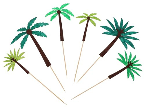 Uonlytech 24pcs Hawaiian Theme Cake Topper Set Coconut and Palm Tree Picks, Tropical Fruit Party Cake Decor for Birthday and Festival Celebrations