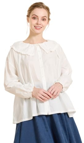 BEAUTELICATE Women’s Victorian Blouse 100% Cotton Peter Pan Collar Puff Long Sleeve Vintage Shirt Ruffle Loose Button Up Top Casual Daily Office Wear Off White, S