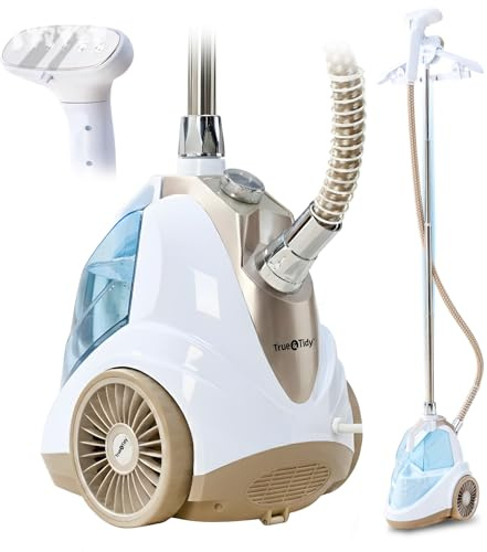 True & Tidy - Vaporizador vertical de lujo para ropa, tecnología de apagado automático inteligente, 10 ajustes de vapor de precisión, 1800 W potente vaporizador de ropa de pie y plancha para ropa