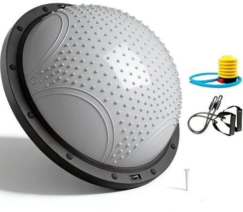 Balón de equilibrio de 58 cm, media pelota para yoga con banda de resistencia y bomba de pie, media pelota de ejercicio para pilates, fitness, entrenamiento en casa, gimnasio