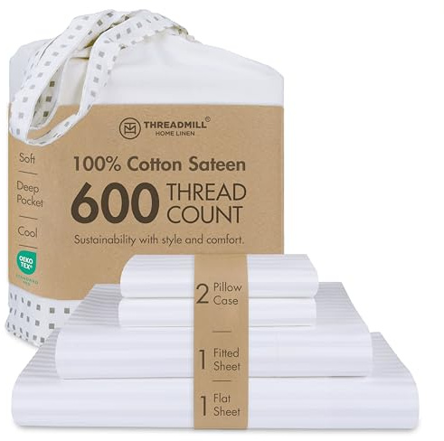 Threadmill Home Linen Bedding Collection - Juego de sábanas de 600 Hilos, 100% algodón ELS, diseño de Damasco, Ropa de Cama de Lujo, 4 Piezas, sábanas de satén Suave, tamaño King, Color Blanco