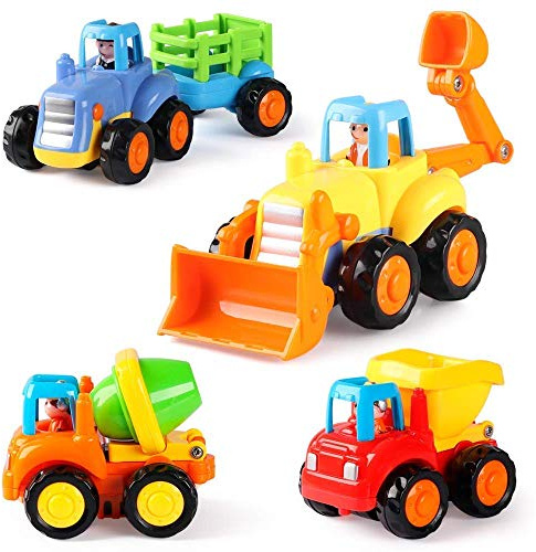 Coogam Push and Go Autos Reibung Angetriebenes Baufahrzeug Frühes Pädagogisches Spielzeug für 1 2 3 Jahre Alte Baby Kleinkinder - Satz von 4 - Traktor-Planierraupe-Betonmischer-LKW und Kipper