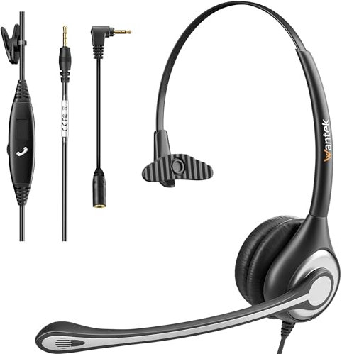 Wantek Headset Handy Mono mit Noise Cancelling Mikrofon, Smartphone Kopfhörer 3,5mm Klinke Für iPhone Samsung Huawei HTC LG ZTE BlackBerry Android Mobiltelefon Laptop PC LKW-Fahrer (F600M1)