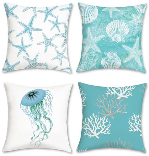 Bonhause Ocean Starfish Cushion Covers 45 x 45 cm Seashell Coral Double Sided Coastal Blue Throw Pillow Covers Soft Velvet Pillowcases for Sofa Couch Bed Indoor Outdoor Decor Set of 4
