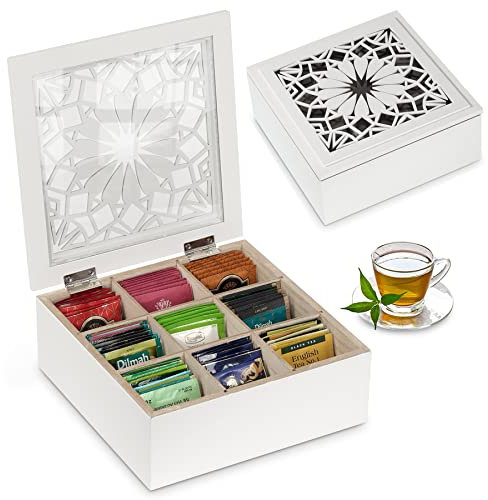 Tebox tepåse organiserare trä tepåshållare modern te kista med 9 fack och glasskydd för hem te fester och present