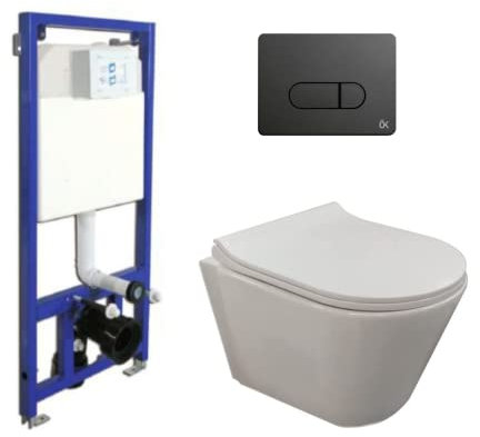 Pack Inodoro Suspendido Blanco Brillo y Cisterna Empotrada Autoportante con Pulsador Negro | Inodoro Suspendido Blanco Brillo Rimless Sin Borde de Fondo Reducido y Asiento Extrafino