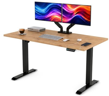 POKAR Höhenverstellbarer Schreibtisch Elektrisch 160x80 cm | Massive 25mm Platte | Memory-Panel mit USB-C und USB-A | Steh-Sitz-Tisch für Home Office | Gestell Schwarz, Platte Golden Craft Eiche
