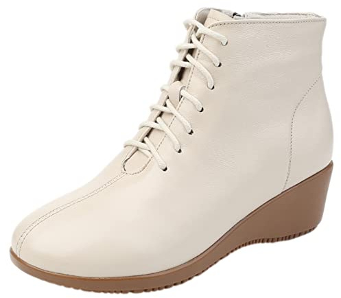 Jamron Mujer Moda Piel Genuina Botas Cuña con Cordones Botines de Invierno con Forro de Felpa Caliente Beige Felpa EU39.5