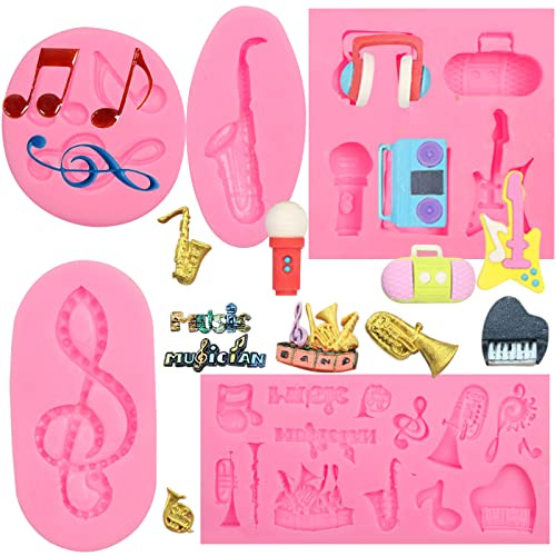 Music Note Fondant Mold 4 Pcs, Musical Instruments Chocolate Silicone Mold Piano Saxophone Boombox Microphone Radio Guitar Mold for Cake Decoration Candy Sugar Cupcake Topper Polymer Clay Crafts