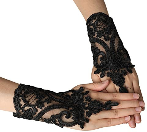 Asudaro Damen Lace Handschuhe, Elastisch Lace Hochzeithandschuhe Elegante Fingerlose Hochzeit Braut Kurz Blumen Spitze Handschuhe für Konzert Hochzeitszeremonie Abschlussfeier Urlaub Schwarz