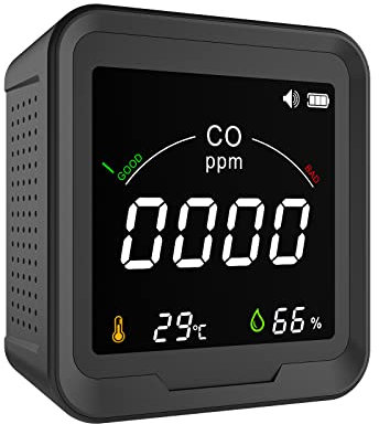 HAKINAKU Tragbarer CO-Melder Kohlenmonoxidmelder, Mobiler CO-Warner Kohlenmonoxid Warnmelder, CO-Messgerät CO-Messer mit Temperatur- & Luftfeuchtigkeitsanzeige, für Reise Camping, PTH-9D-Dunkelgrau