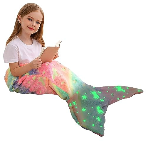 Viviland Kids Mermaid Tail Blanket - Mermaid Tail Blankets Glow in The Dark - Flannel Mermaid Blanket Gifts for Girls - Luminous Unicorn Super Soft Tie Dye Girls - Multicolor Unicorn 17×39