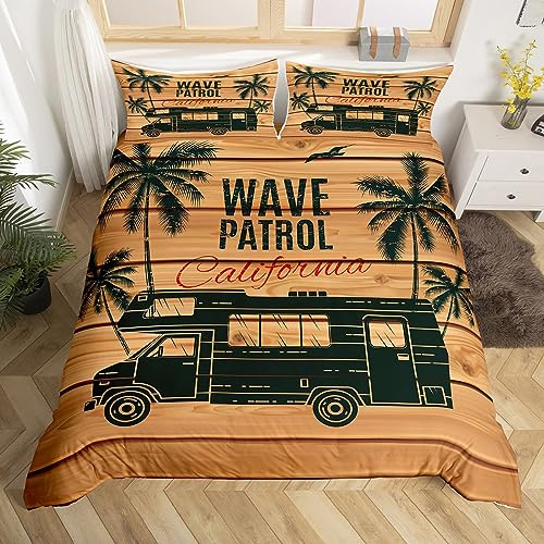 Set di copripiumino con motivo spiaggia e oceano, biancheria da letto estiva per bambini, ragazzi e ragazze, copripiumino retrò in legno, microfibra, con motivo a foglie tropicali, copertura per letto