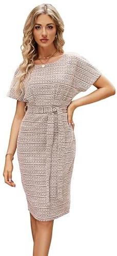 JASAMBAC Damen Tweed Bleistiftkleid, Elegantes Business, figurbetont, kurzärmelig, zum Arbeiten, Bürokleid