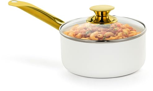 Holstein Housewares Casseruola antiaderente in ceramica bianca da 2,5 qt, con coperchio, colore oro e manico in acciaio inox, eleganza dorata