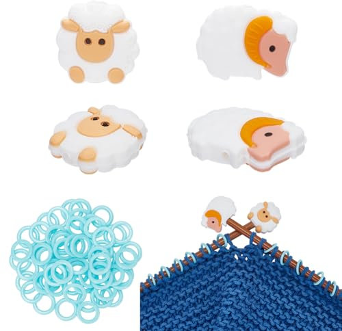 BENECREAT 64-Teiliges Strickwerkzeug-Set, 4 Stück Schaf-Silikon-Nadelschutz Stricknadelstopper, 60 Stück Bunte Maschenmarkierer-Ringe Zum Häkeln, Sperren von Strickzubehör