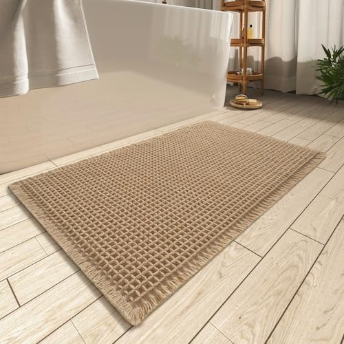 AMOAMI Upgraded Waffle Bath Mat, Super Absorbent Non Slip Bath Mats for Bathroom Floor, Machine Washable Bathroom Rugs with Tassels, Rubber Backed Bathroom Mats, Ultra Soft, 17 x 24, Brown