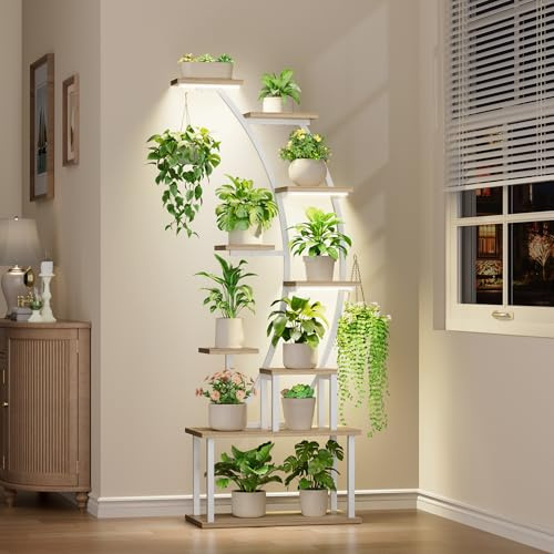 BACEKOLL Soporte para plantas con luz de crecimiento - Soporte para flores de 9 niveles 160 cm Metal Madera Estantería para plantas - Interior y Exterior Escalera para flores - Estantería decorativa
