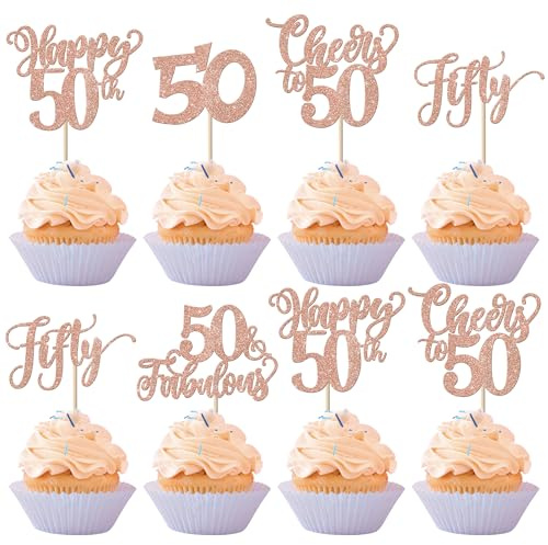 SYKYCTCY 30 Pack Happy 50th Birthday Cupcake Toppers Glitter Fifty Fabulous 50 Cheers to 50 Cupcake Picks Happy 50th Birthday Cupcake Decorations Anniversary Party Supplies Rose Gold