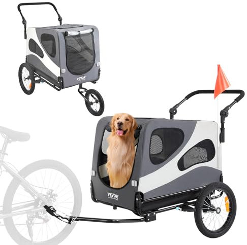VEVOR Rimorchio Bici per Cani Pieghevole Portata 45 kg Passeggino per Animali Domestici con Ruote a Sgancio Rapido, Attacco Universale per Bici, Carrello per Bici Traino Rimorchio Animali Nero/Grigio