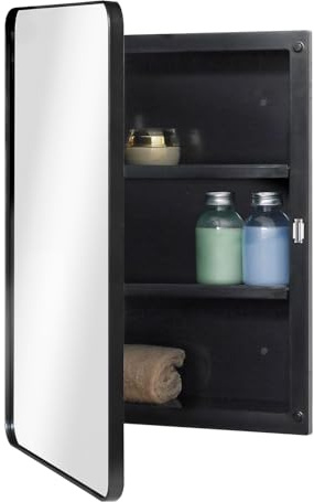 Fundin Kunststoff schwarz Badezimmer Schrank, poliert Edgd Spiegel Tür mit runden Cormer Metallrahmen, vertieft und Surface，Mount Badezimmer Spiegel Schrank, 16 x 22inch (40,6 x 55,9cm)