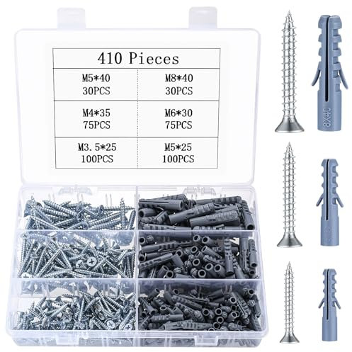 410 Pcs Wall Plugs and Screws, Raw Plugs and Screws Set, Masonry Screws and Wall Plugs Set, Expansion Wall Anchors and Wood Screws, Heavy Duty Self Tapping Screw and Wall Plug Set, Wall Fixings