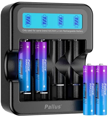 Pallus Rechargeable AAA Lithium Batteries, 1100mWh High Capacity Performance, 2 Hours Fast Charging, 4 Pack 1.5V AAA Li-Ion Battery with Smart Charger,