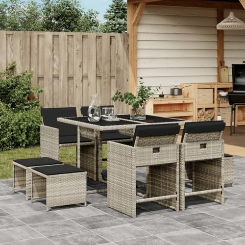 Gecheer 9-TLG. Garten Essgruppe 8 Personen, Polyrattan Sitzgruppe, Rattan Gartenmöbel Set, Balkonmöbel Set, Terrassenmöbel Set, Balkon Lounge, Gartengarnitur Set, Gartentisch Set, Kissen, Hellgrau