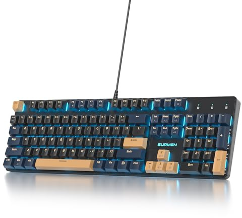 SbocKeeb Full Size Mechanische Gaming Tastatur 104 Tasten with Nummernblock,Kabelgebundene RGB LED Tastatur mit Rote Schaltern, Anti-Ghosting QWERTY Amerikanische Layout V200-BlueSamura-B