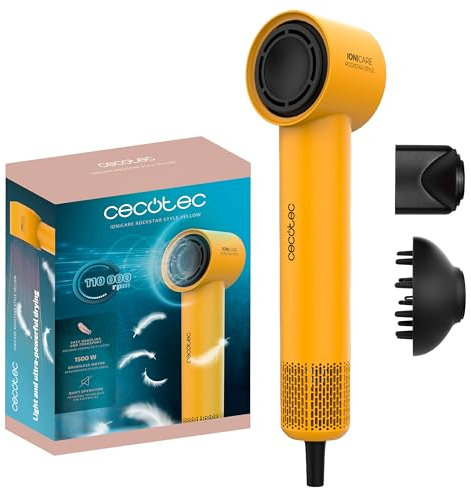 Cecotec Asciugacapelli Ionicare Rockstar Style Yellow. Compatto E Leggero 1500W Con Motore Brushless, 110.000 Rpm, Generatore Di Ioni, Impostazioni Temperatura E Velocità, Design Portatile