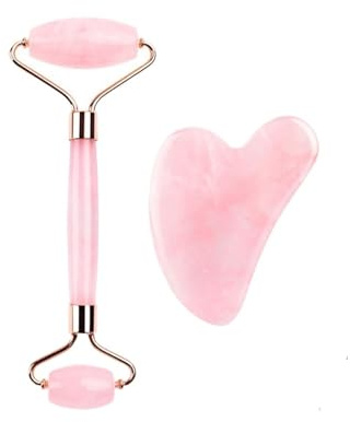 Massagegerät Gesichtsroller Gua Sha Schaber Doppelköpfe Jadestein Roller Hautpflege Rosenquarz Gesicht Körper (Rosa)