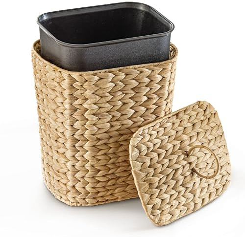BLUEWEST 2.6 Gallon Wicker Bathroom Trash Can with Lid, Handwoven Rattan Wastebasket with Removable Plastic Inner Bin Decorative Waste Basket for Bedroom, Office, or Kitchen